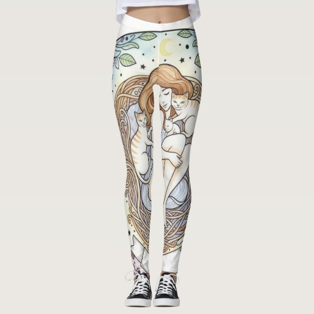 Leggings com Design de Mãe Anjo da Guarda e Gatinh (Frente)
