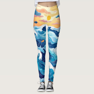 Leggings com Estampa de Onda do Pôr do Sol no Ocea