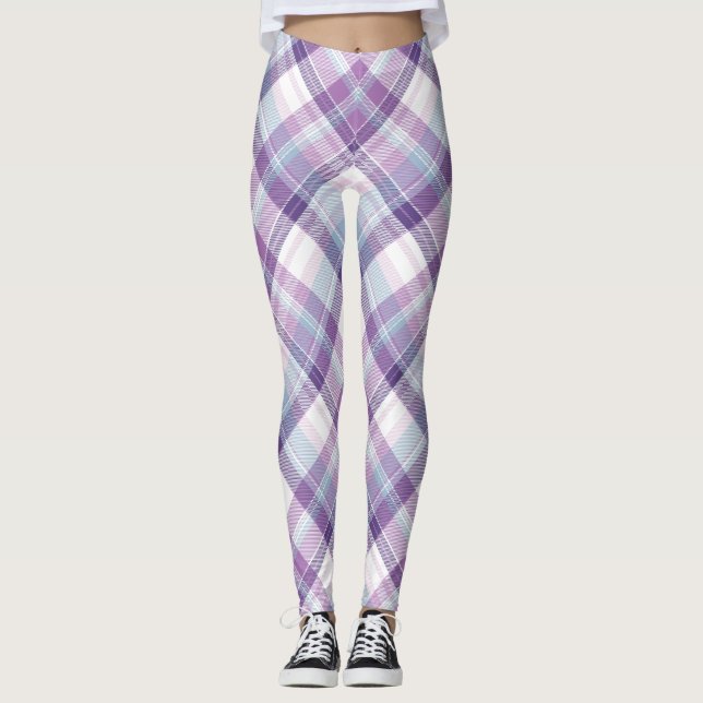 Leggings com Estampa Xadrez Azul, Roxo e Branco (Frente)