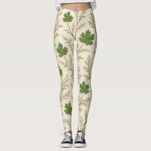 Leggings com Folhas Creme e Verde Escuro