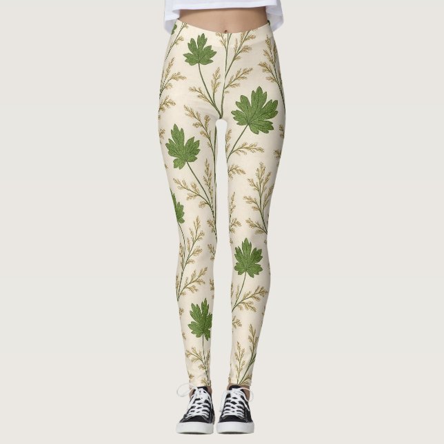 Leggings com Folhas Creme e Verde Escuro (Frente)