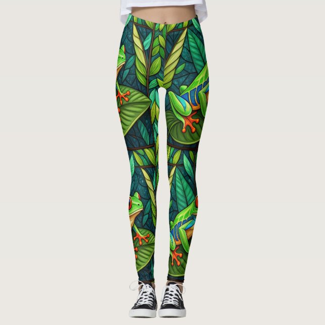 Leggings com folhas verdes vibrantes e coloridas  (Frente)
