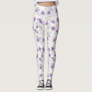 Leggings com Padrão de Flor Silvestre Lilás em Aqu