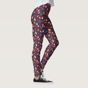 Leggings com Padrão de Folha de Cogumelo Roxo Eleg