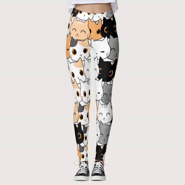 Leggings com Padrão de Gatos Kawaii Fofo Moderno (Frente)