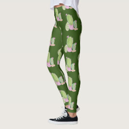 Leggings com Padrão de Planta de Cacto em Aquarela