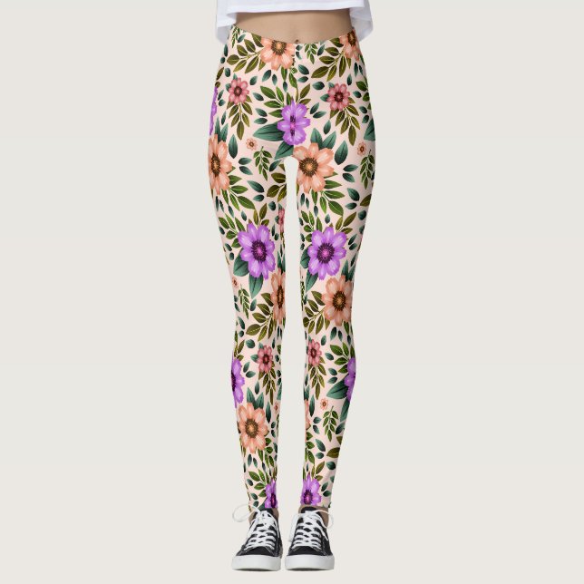 Leggings com padrão floral vibrante em roxo (Frente)
