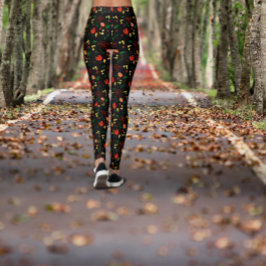 Leggings com padrão preto e folhas de papoula verm