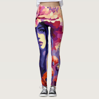 Leggings com retrato de mulher abstrata e arte flo