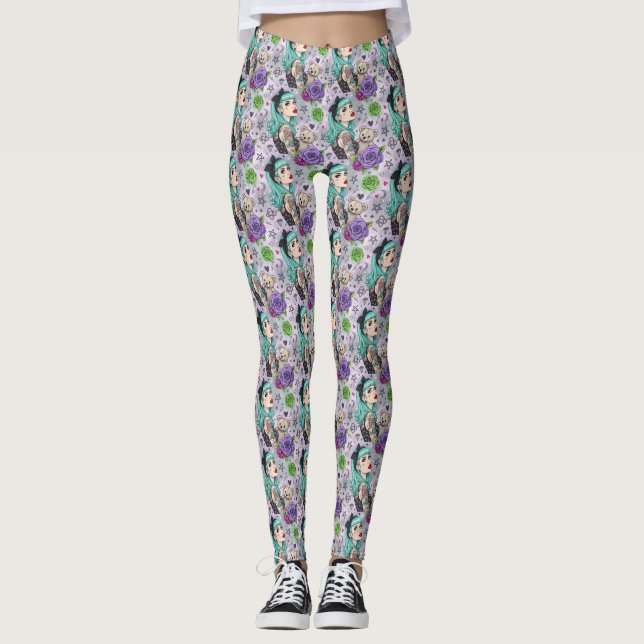 Leggings Cute Chibi Girl & Padrão Floral (Frente)
