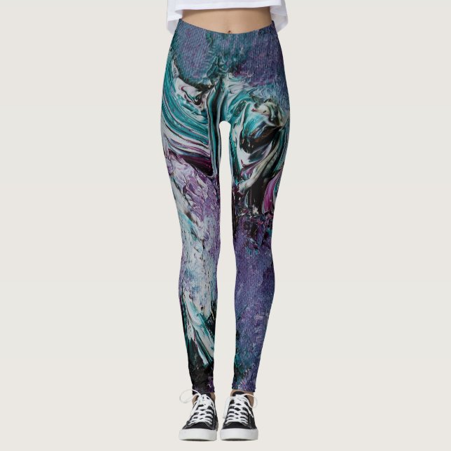 Leggings de Abstrato de Arte Funky - Roxo e Verde (Frente)