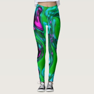 Leggings de Abstrato de Arte Líquida Neon Verde e