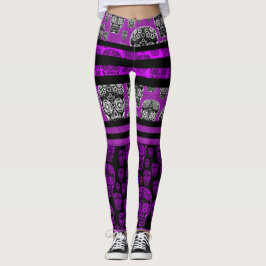 Leggings de Açúcar do Crânio Roxo e Preto
