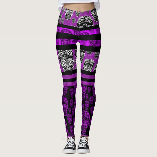 Leggings de Açúcar do Crânio Roxo e Preto (Frente)
