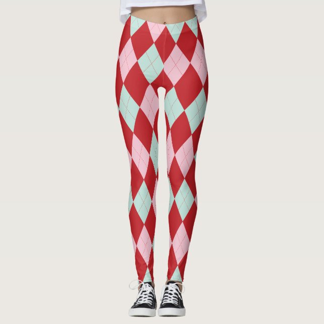 Leggings de Argyle de Natal Rosa Vermelho e Pinça (Frente)