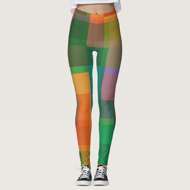 Leggings de arte de blocos coloridos abstrato (Frente)