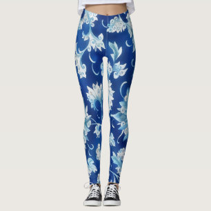 Leggings de Arte Floral do Estilo de Vintagem Azul
