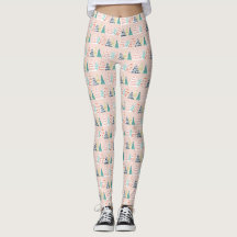 Leggings de árvores de Natal, cor-de-rosa, brancas