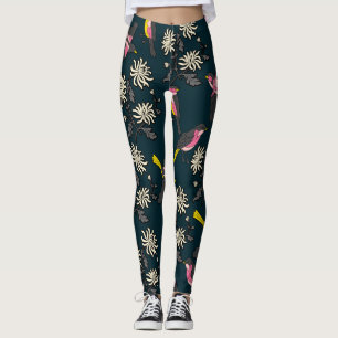 Leggings de Aves e Flores Rosa