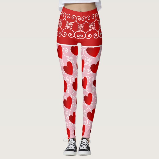 Leggings de Coração e Rolagem Rosa e Vermelho (Frente)