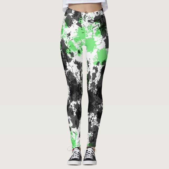 Leggings de estilhaços de tinta preta verde (Frente)