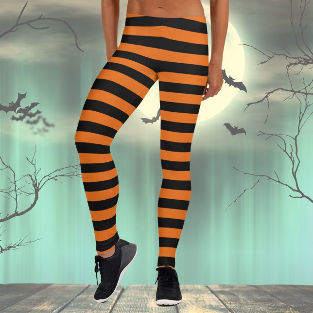 Leggings de fantasia preto e laranja no Halloween (Womens Black and Orange Striped Halloween Costume Leggings, Witch Leggings, Fall leggings)