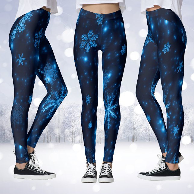 Leggings de flocos de neve azuis e brilhantes (Deep Blue & Bright Snowflakes Leggings)