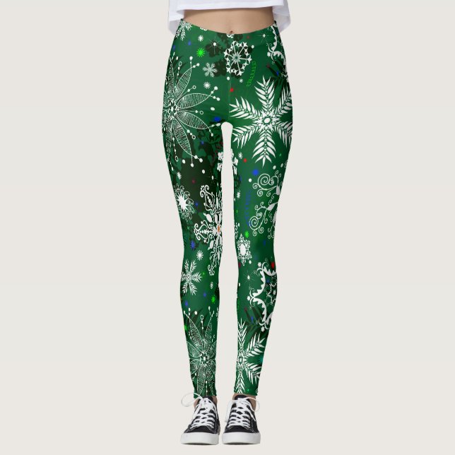 Leggings de flocos de neve verdes no Natal (Frente)