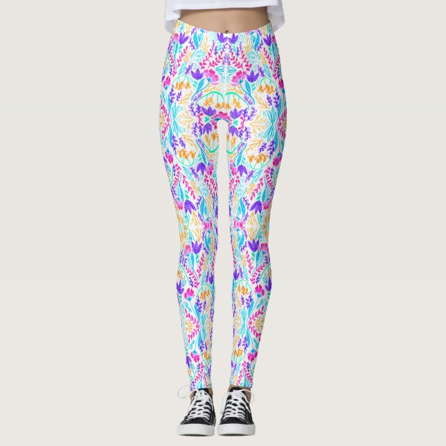 Leggings de flores de aquarela, de cor branca (Frente)