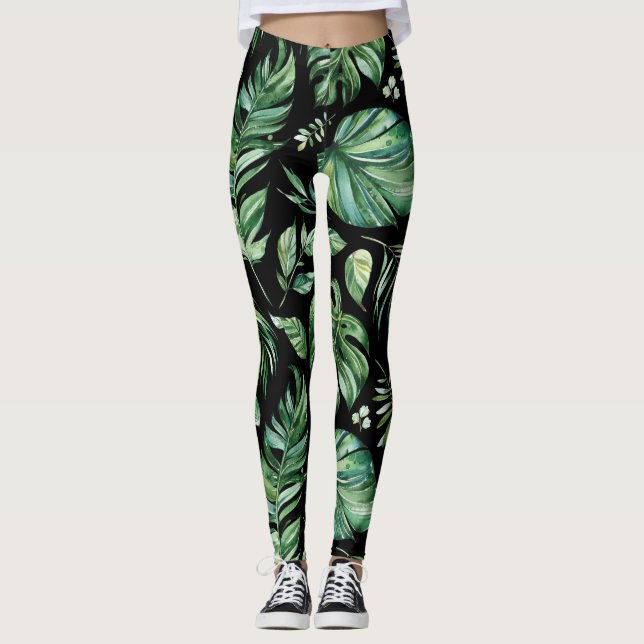 Leggings de Folha de Monstera Tropical Verde e Neg (Frente)