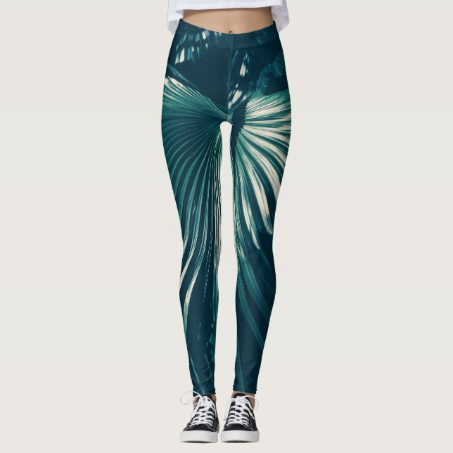 Leggings de folhas de árvores de palmeiras verdes  (Frente)