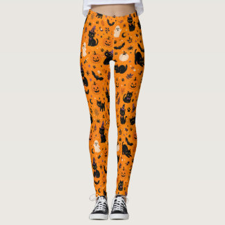 Leggings de Gato de Halloween, Laranja Gato Preto 