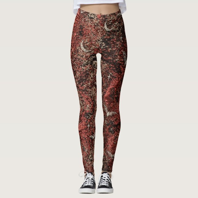 Leggings de Halloween com Morcegos Prateados e Lua (Frente)
