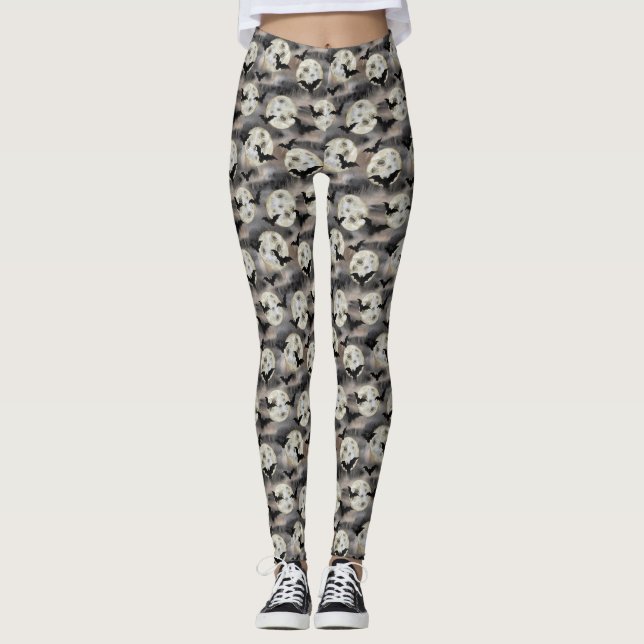 Leggings de Halloween com padrão de morcego na lua (Frente)