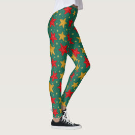 Leggings de Natal com estrelas vermelhas e dourada