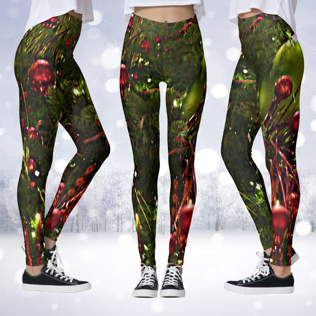Leggings de Natal Vermelhas e Douradas (Christmas Tree Red & Gold Christmas Leggings)