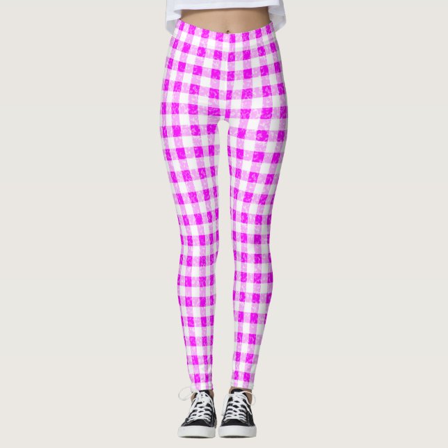 Leggings de padrão branco e rosa Gingham (Frente)