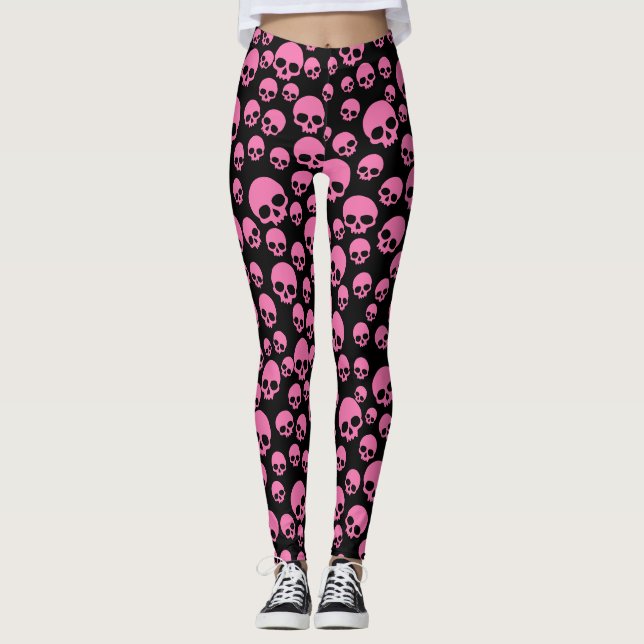 Leggings de padrão de crânios aleatórios pretos co (Frente)