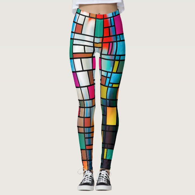 Leggings de padrão de grade de arte moderna abstra (Frente)