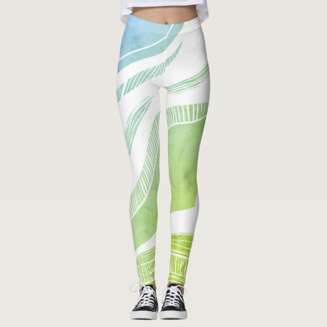 Leggings de padrão de onda azul e verde (Frente)