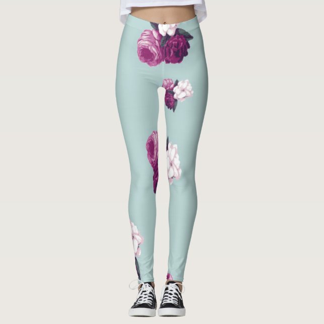 Leggings de padrão de Rosa de cor azul e roxa (Frente)