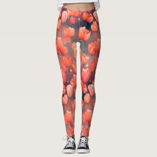 Leggings de padrão de tulipas vermelhas