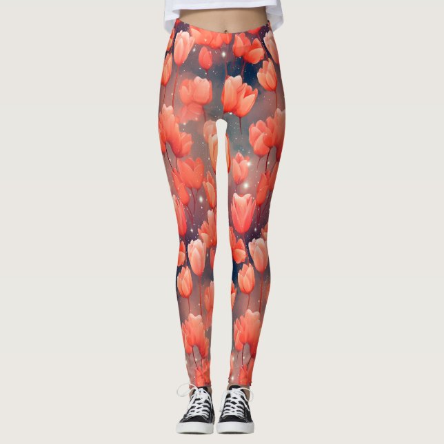 Leggings de padrão de tulipas vermelhas (Frente)