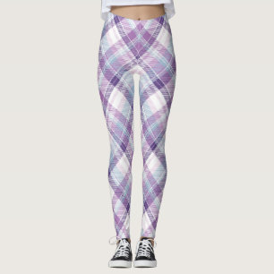 Leggings de padrão de Xadrez azul, roxa e branca