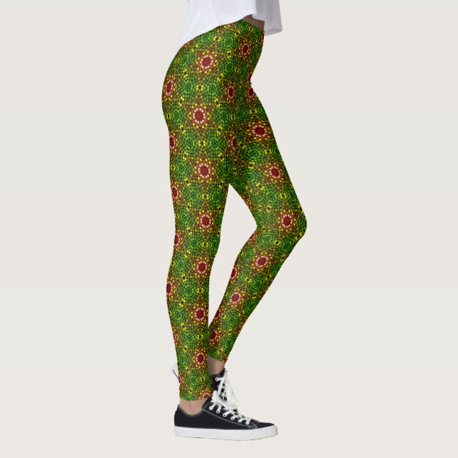 Leggings de padrão do Azulejo do mosaico verde e v (Direita)