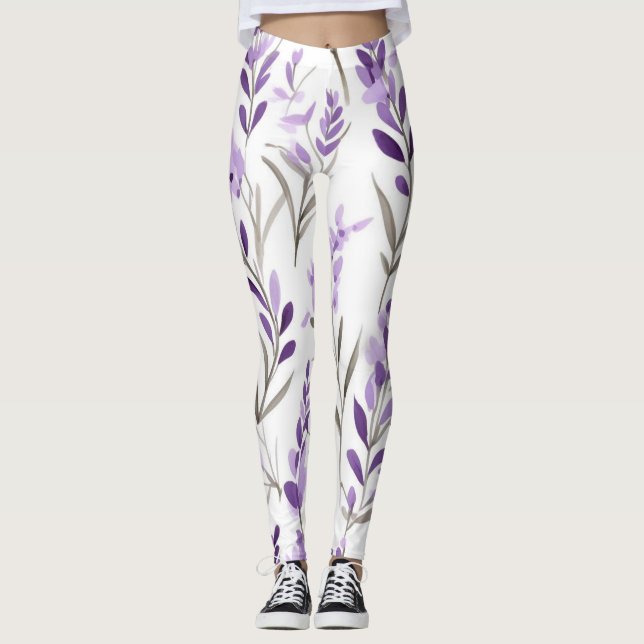 Leggings de padrão floral roxa branca (Frente)