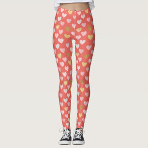 Leggings de padrões de corações cor-de-rosa Dourad