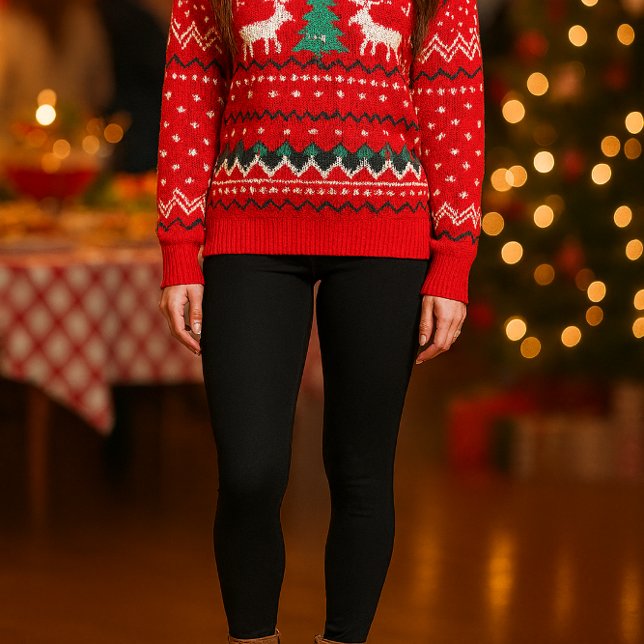 Leggings de Peso Médio Básicas em Preto ("Basic black legging shown with festive Christmas sweater for a stylish party look")