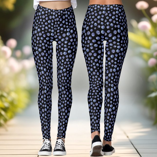 Leggings de Verão Azul Preto e Padrão (Blueberry Pattern Blue Black Summer Leggings)