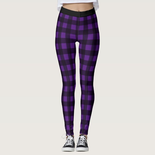 Leggings de Xadrez de búfalos preto e roxo (Frente)